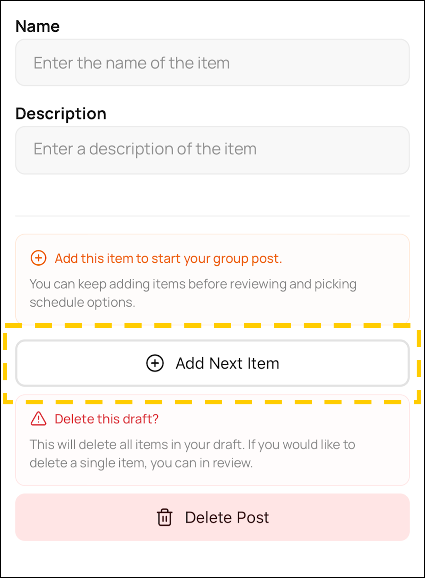 Screenshot of the Add Next Item button inside the gift post form